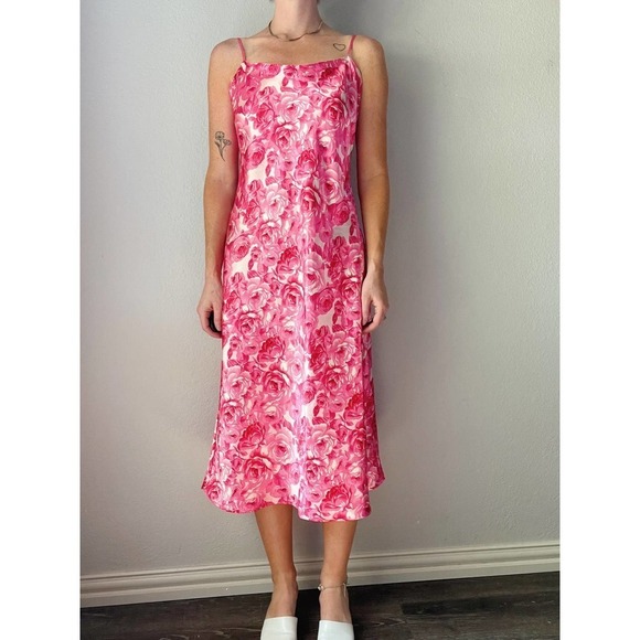 Vintage 90s/Y2K Pink Floral Printed Midi Slip Dress - Picture 1 of 6